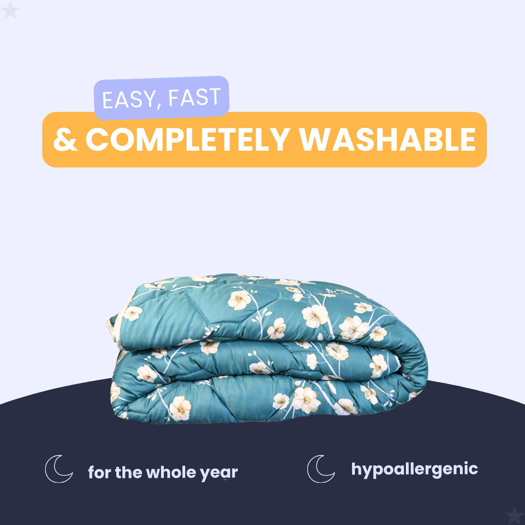 HappyDuvet Blue Blossom - Satin Look - All season Coverless duvet